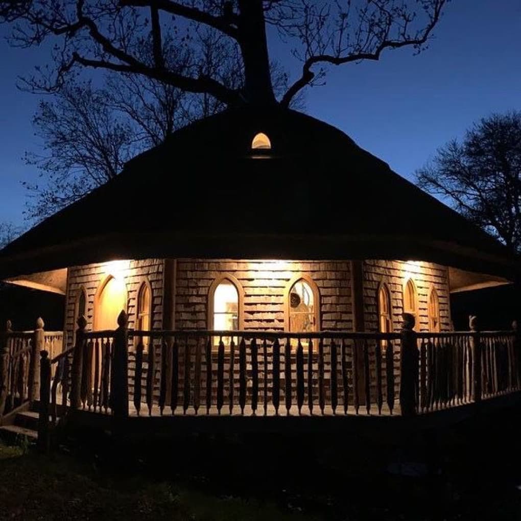 Front view of the lit up balcony